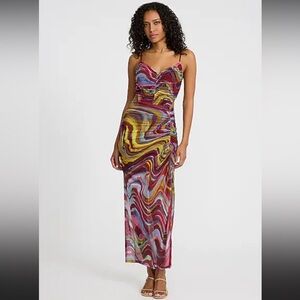 Express Printed Mesh V-Neck Cutout Open Back Ruched Maxi Dress - Size Small
